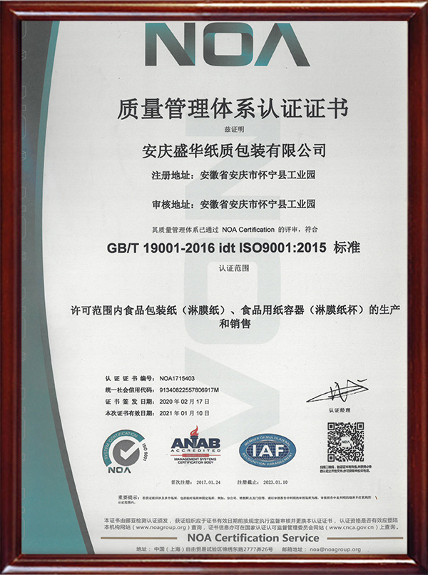 Quality Management System Certificate-2020